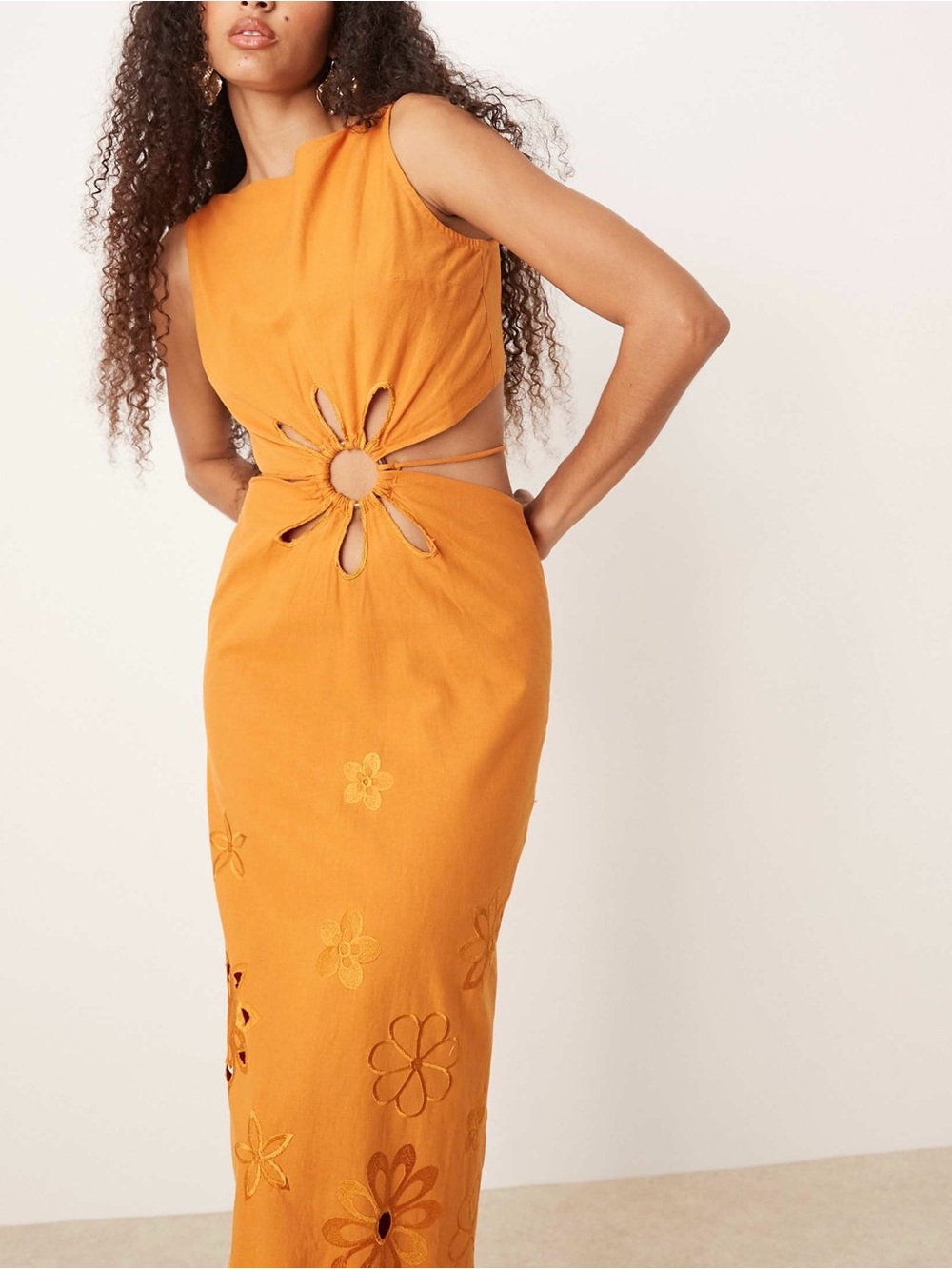 ASOS Design Orange Floral Embroidered Cutout Midi Dress Cotton Blend UK 16 US 12 - Picture 3 of 6